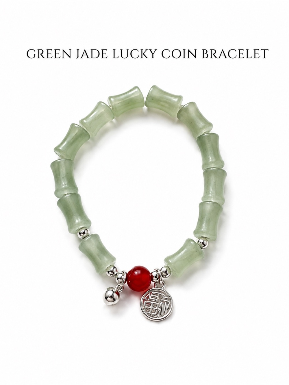 Green Jade Lucky Coin Bracelet with Red Accent
